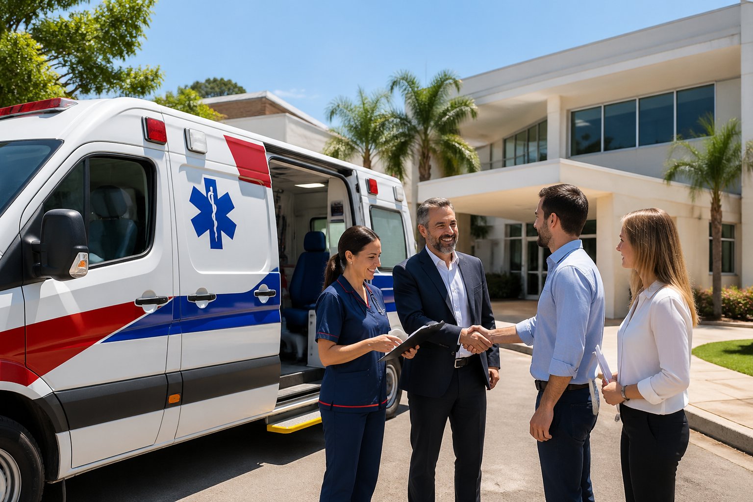 Ambulância estacionada em frente a um prédio municipal com profissionais de saúde e autoridades discutindo documentos ao ar livre.