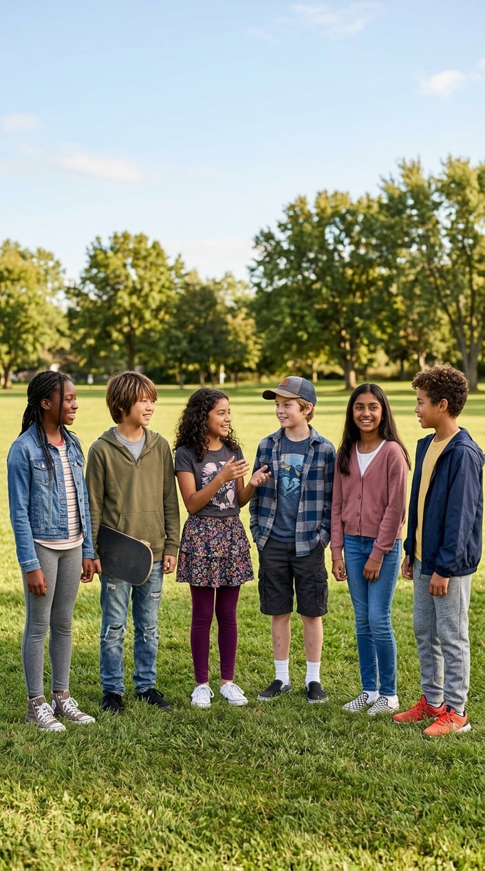 16 Tween Outfit Ideas for the Awkward 'Not Little, Not Grown' Age 2 A group of six tweens wearing casual, stylish outfits standing together outside in a park on a sunny day.