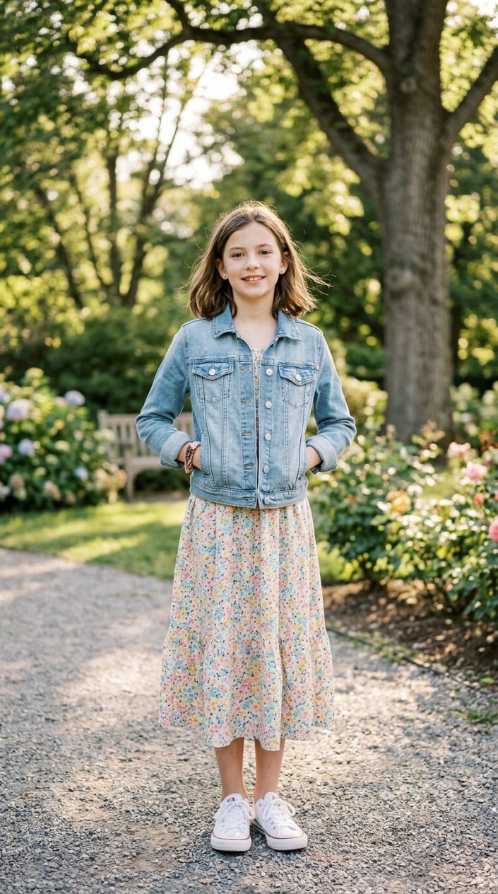 16 Tween Outfit Ideas for the Awkward 'Not Little, Not Grown' Age 3 A tween girl standing outdoors wearing a denim jacket layered over a floral midi dress.