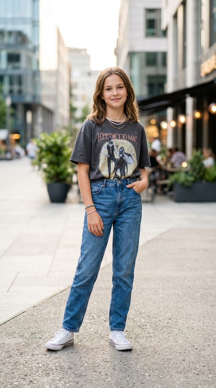 16 Tween Outfit Ideas for the Awkward 'Not Little, Not Grown' Age 4 A tween girl wearing an oversized band t-shirt tucked into mom jeans, standing outdoors with a slight smile.