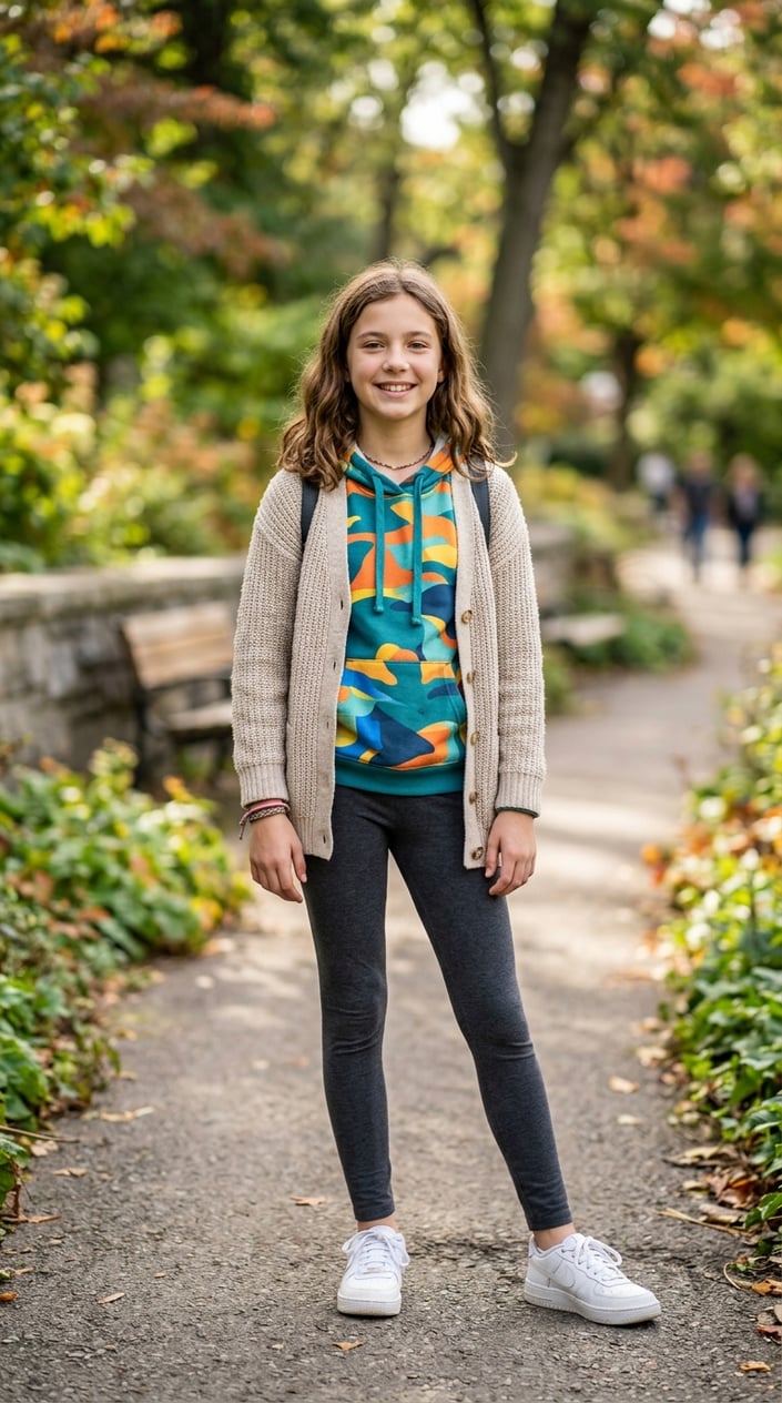 16 Tween Outfit Ideas for the Awkward 'Not Little, Not Grown' Age 5 A pre-teen girl standing outdoors wearing a cardigan over a graphic hoodie with leggings, smiling gently.