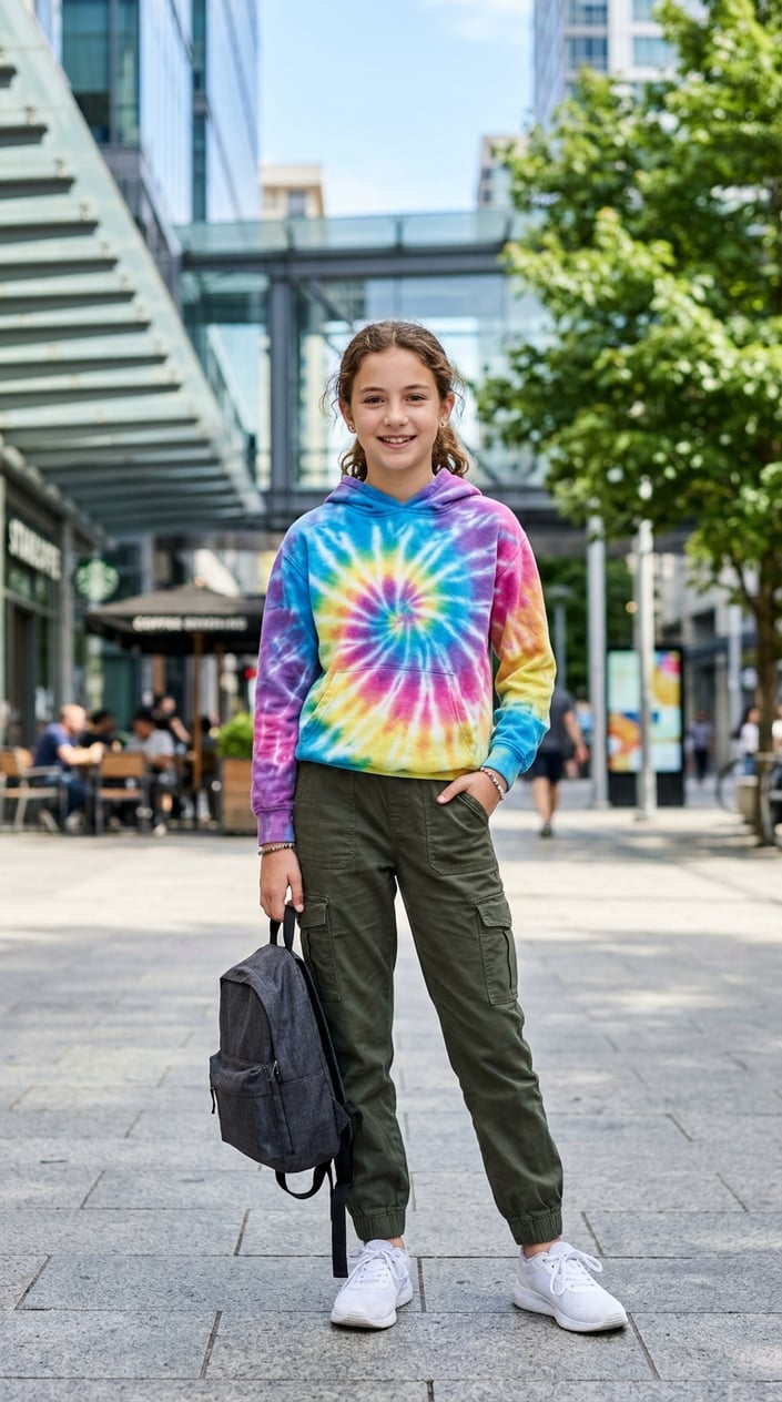 16 Tween Outfit Ideas for the Awkward 'Not Little, Not Grown' Age 6 A tween wearing a colorful tie-dye hoodie and cargo joggers standing outdoors with a confident smile.