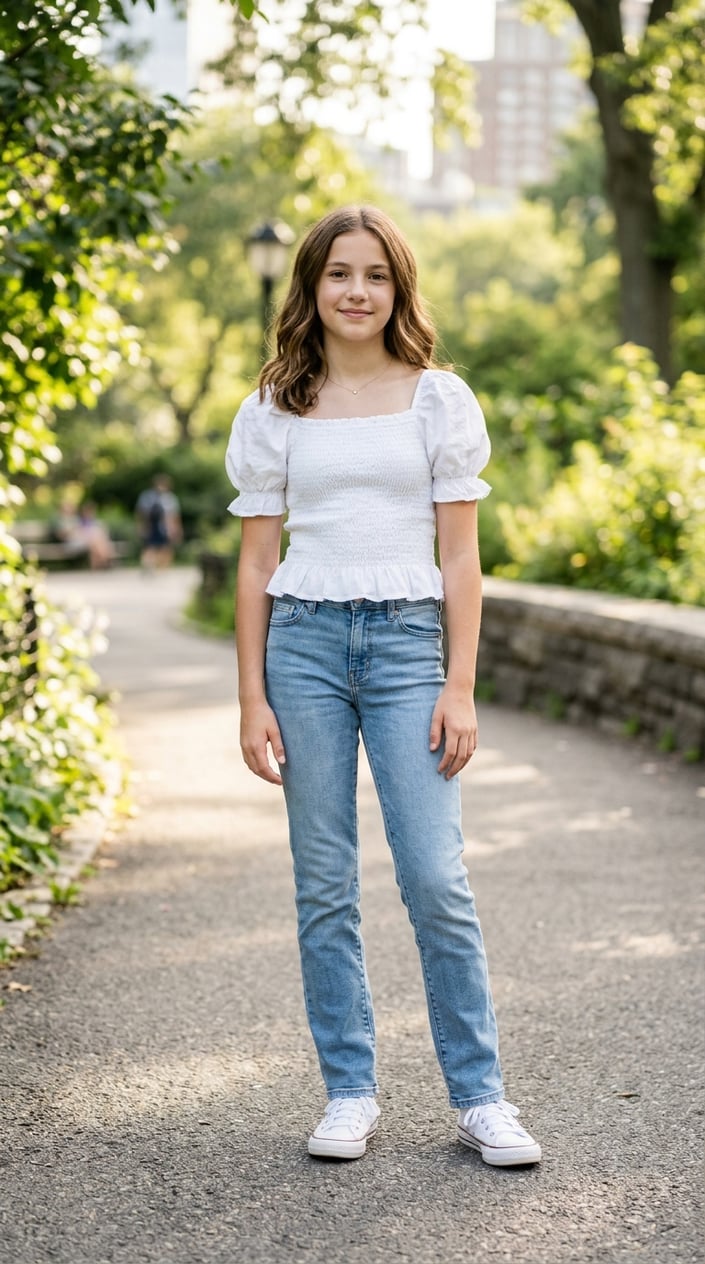 16 Tween Outfit Ideas for the Awkward 'Not Little, Not Grown' Age 7 A pre-teen girl wearing a white puff-sleeve top and light blue straight-leg jeans standing outdoors and smiling.