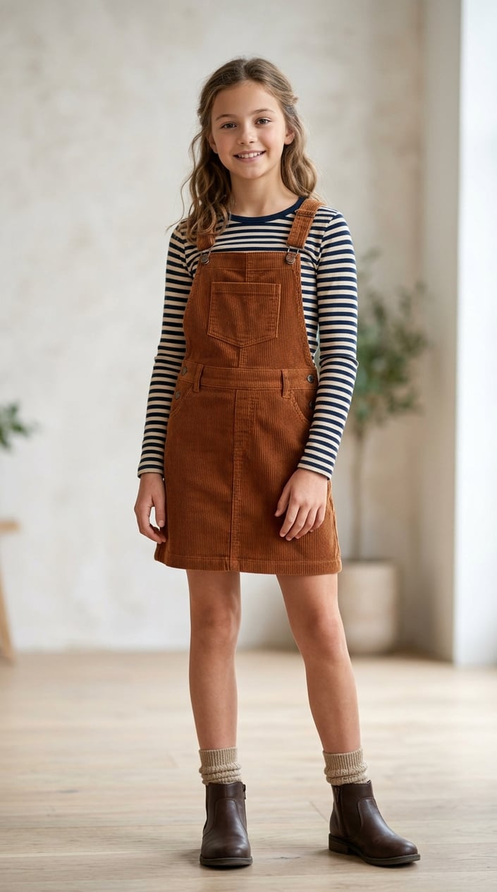 16 Tween Outfit Ideas for the Awkward 'Not Little, Not Grown' Age 8 A pre-teen girl wearing a corduroy pinafore dress over a striped tee, standing against a plain background.