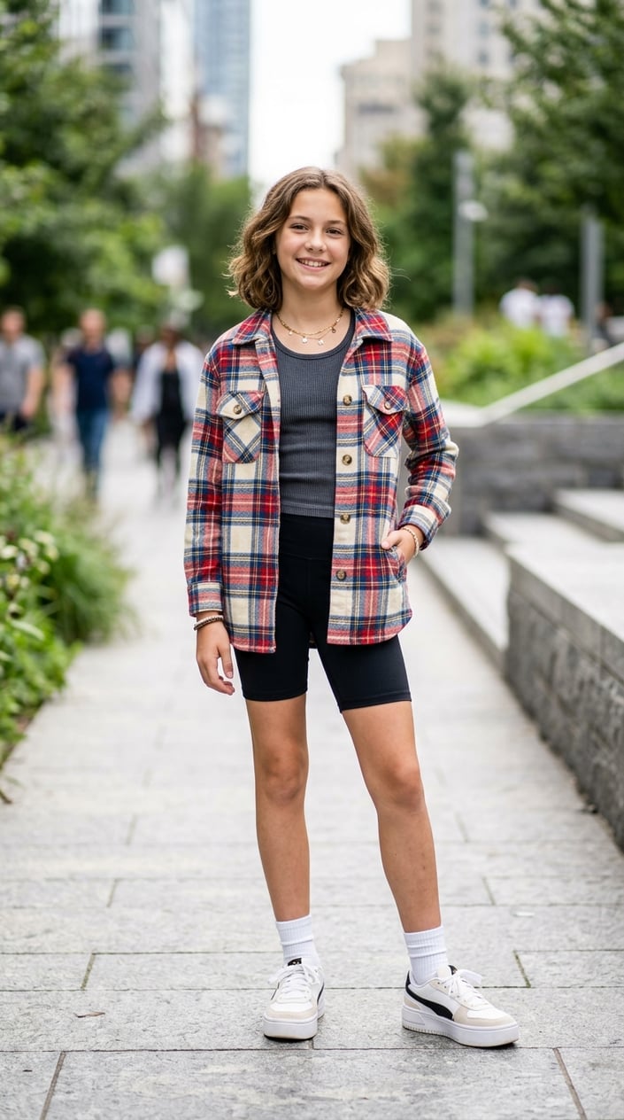 16 Tween Outfit Ideas for the Awkward 'Not Little, Not Grown' Age 9 A tween girl standing outdoors wearing a plaid shacket over a ribbed tank top and black biker shorts.