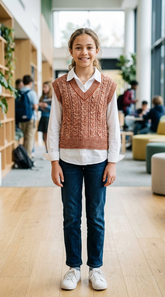 16 Tween Outfit Ideas for the Awkward 'Not Little, Not Grown' Age 10 A tween wearing a knit sweater vest over a button-down shirt standing indoors with a neutral expression.