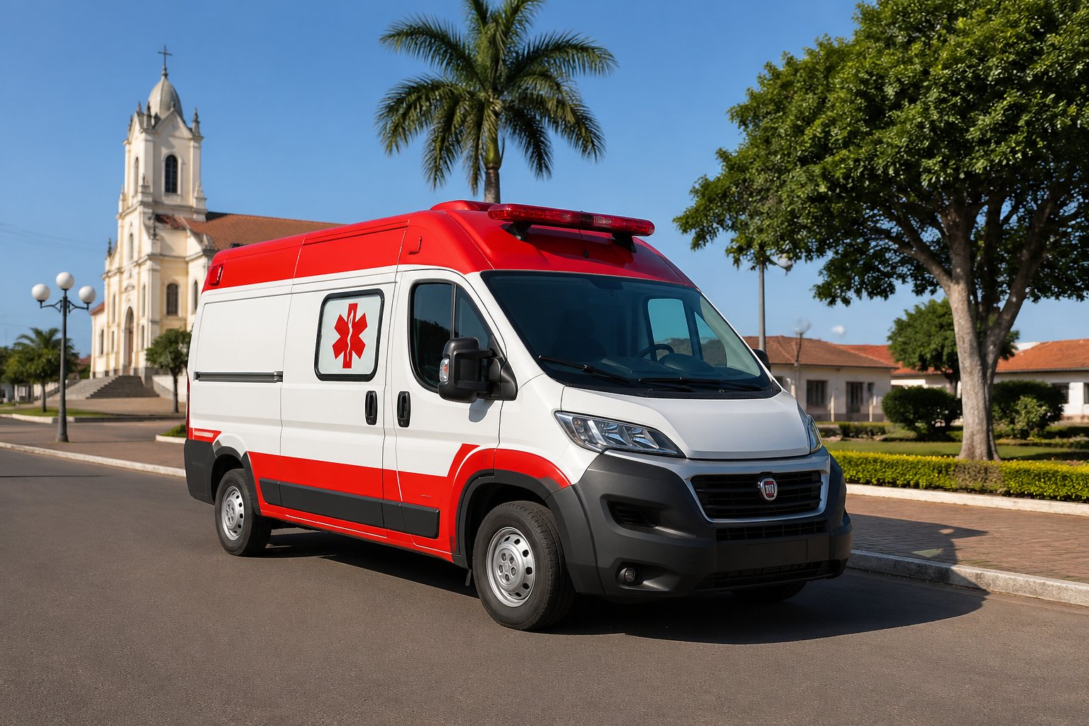 Ambulância moderna estacionada em uma rua limpa de uma pequena cidade brasileira durante o dia, com prédios e árvores ao fundo.