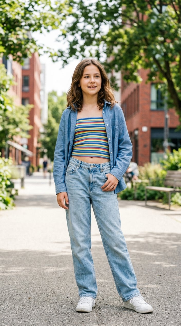 16 Tween Outfit Ideas for the Awkward 'Not Little, Not Grown' Age 11 A tween girl standing outdoors wearing low-rise relaxed jeans and a colorful tube top.
