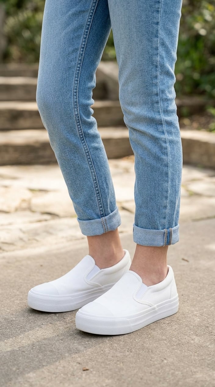 16 Tween Outfit Ideas for the Awkward 'Not Little, Not Grown' Age 12 Close-up of a person's legs wearing cuffed jeans and white slip-on platform sneakers.