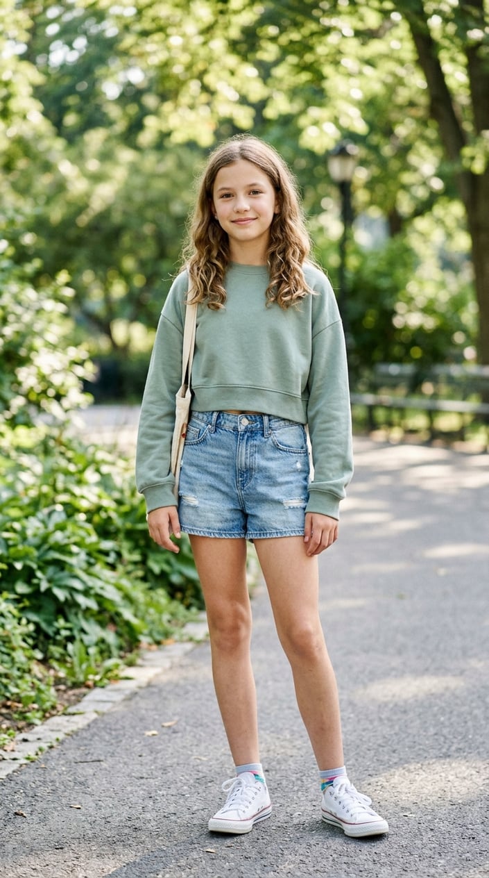 16 Tween Outfit Ideas for the Awkward 'Not Little, Not Grown' Age 13 A tween girl standing outdoors wearing a cropped sweatshirt and high-waist shorts, smiling gently with a blurred park background.