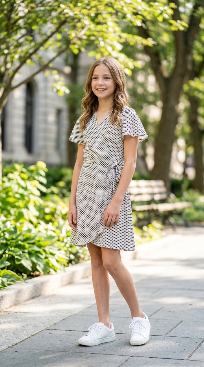 16 Tween Outfit Ideas for the Awkward 'Not Little, Not Grown' Age 14 A tween girl standing outdoors wearing a polka dot wrap dress and white sneakers, smiling gently.