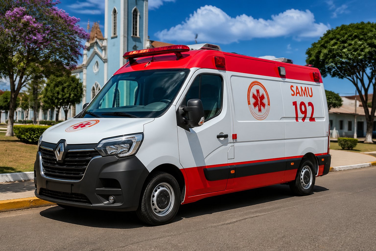 Ambulância do SAMU estacionada em uma rua de Jussara durante o dia, com prédios e árvores ao fundo.