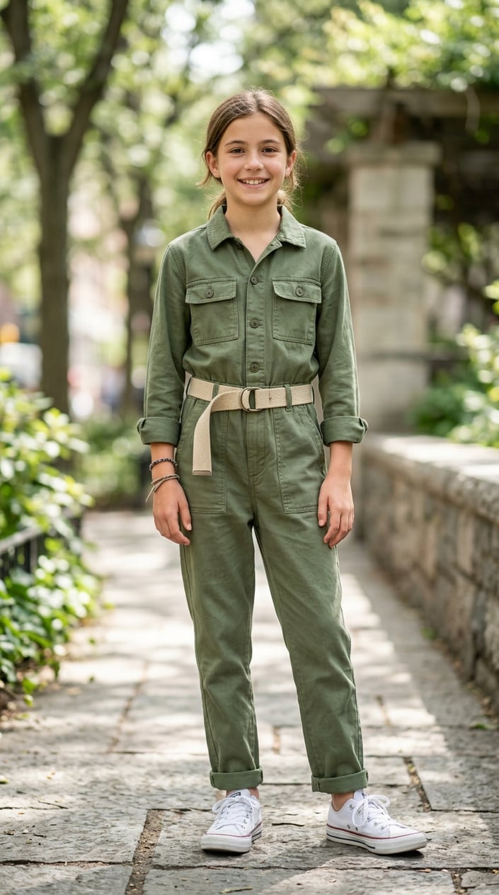 16 Tween Outfit Ideas for the Awkward 'Not Little, Not Grown' Age 15 A pre-teen wearing a utility jumpsuit with a canvas belt standing outdoors in a casual setting.
