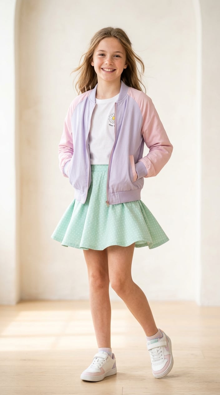 16 Tween Outfit Ideas for the Awkward 'Not Little, Not Grown' Age 16 A tween girl wearing a pastel bomber jacket and skater skirt standing and smiling against a plain background.