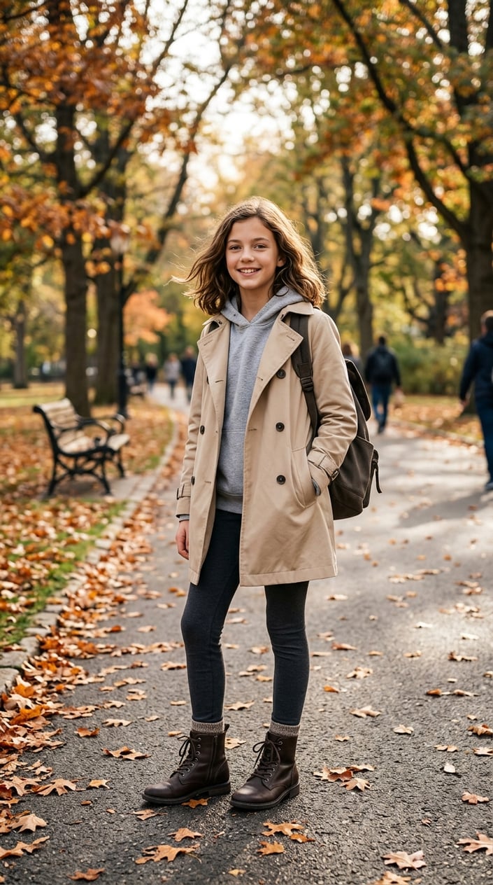 16 Tween Outfit Ideas for the Awkward 'Not Little, Not Grown' Age 17 A young girl wearing a trench coat over a hoodie and leggings stands outdoors in a park with autumn leaves.