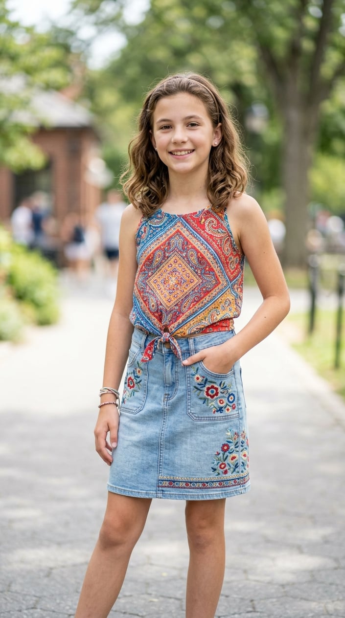 16 Tween Outfit Ideas for the Awkward 'Not Little, Not Grown' Age 18 A tween girl standing outdoors wearing an embroidered denim skirt and a colorful bandana top, smiling with a blurred natural background.