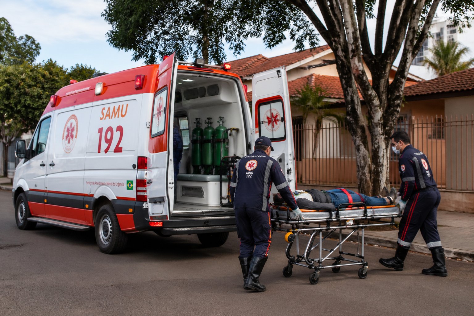 Ambulância do SAMU 192 com paramédicos atendendo um paciente em uma rua de Tapejara.