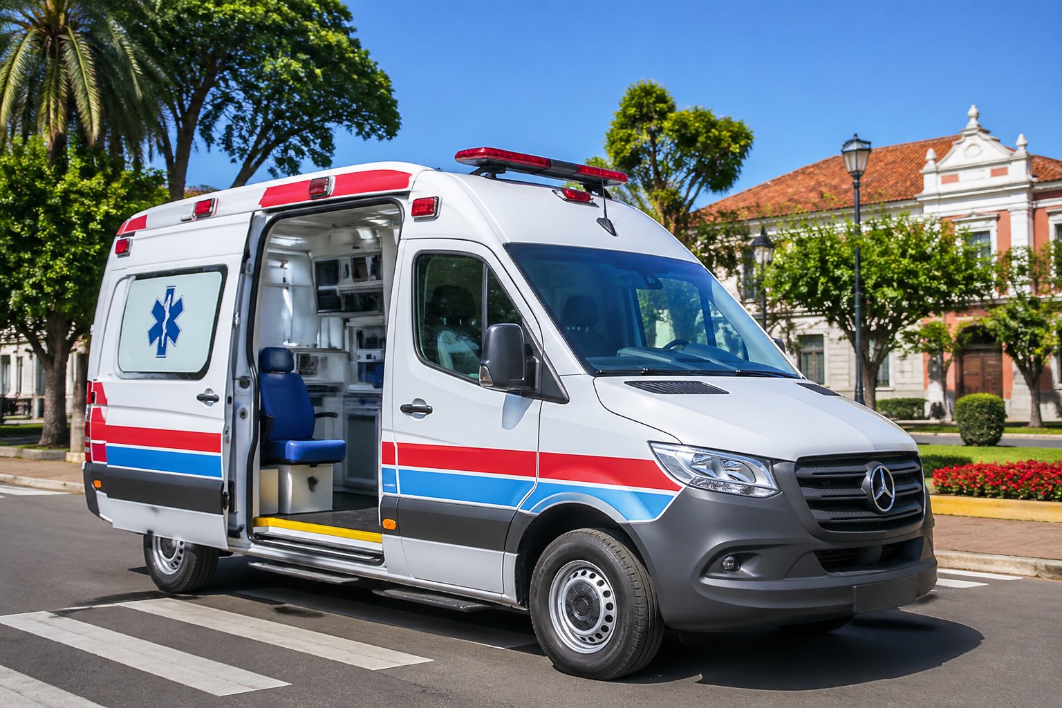Uma ambulância moderna estacionada em uma rua limpa de uma pequena cidade brasileira com árvores e casas ao fundo.