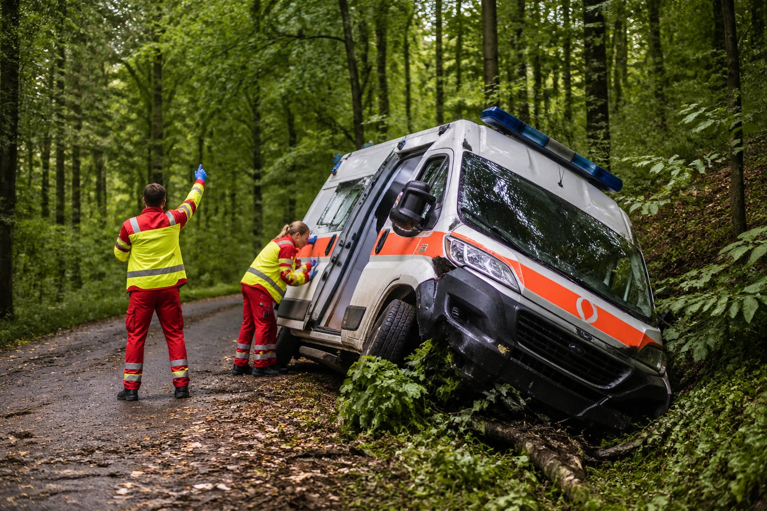 Ambulância envolvida em acidente na floresta com socorristas atendendo a situação.