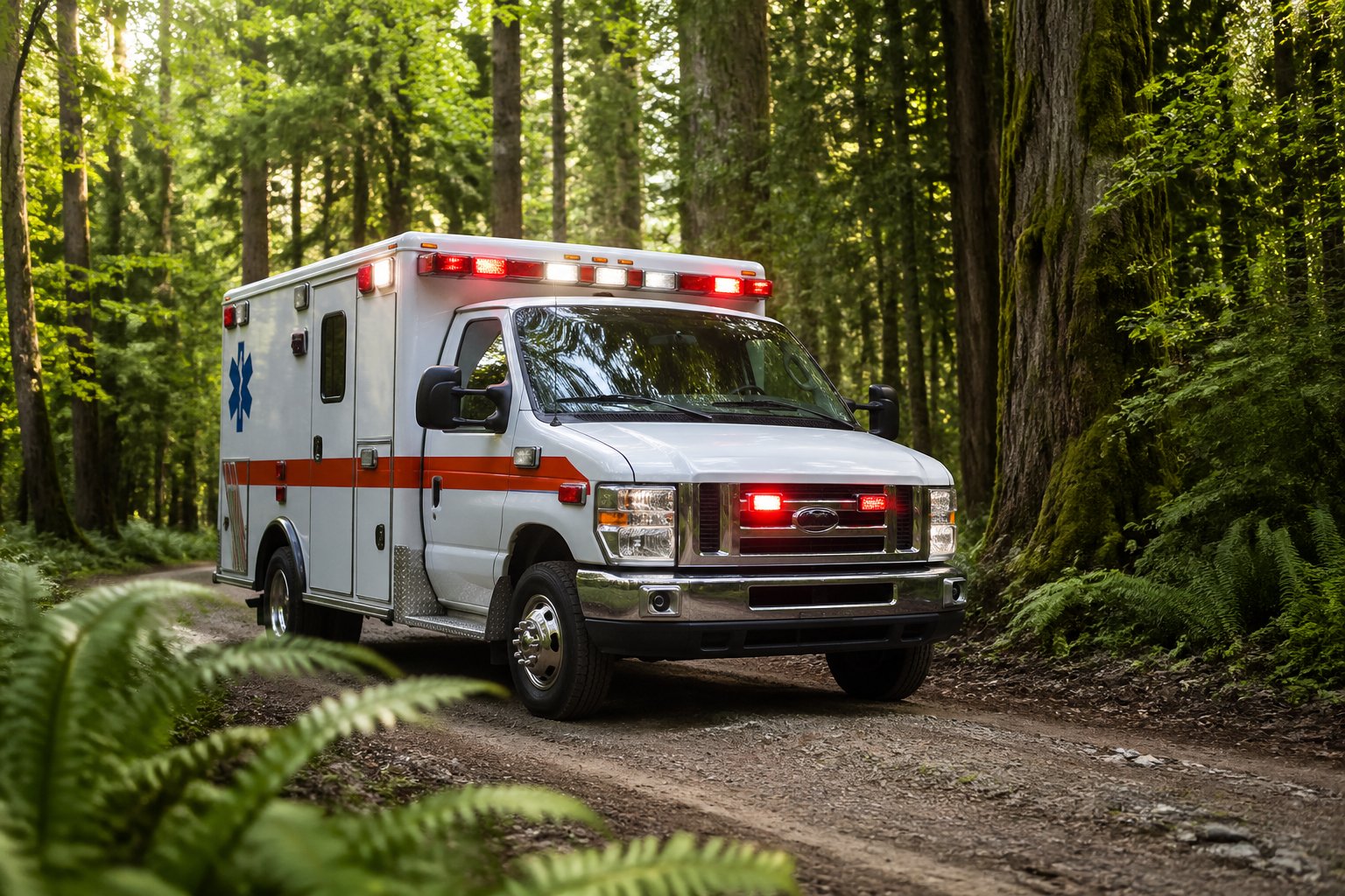 Ambulância estacionada em uma estrada de terra cercada por uma floresta densa e verde.