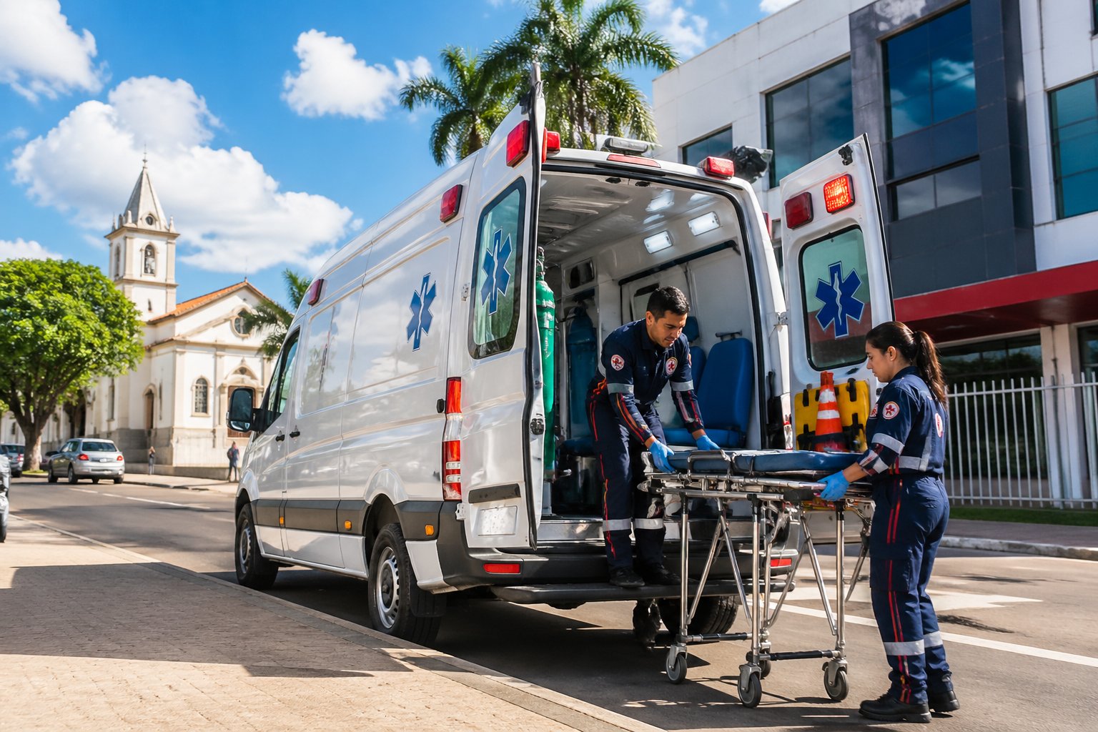 Ambulância moderna estacionada em uma rua urbana de Itambé com paramédicos preparando equipamentos médicos ao lado.