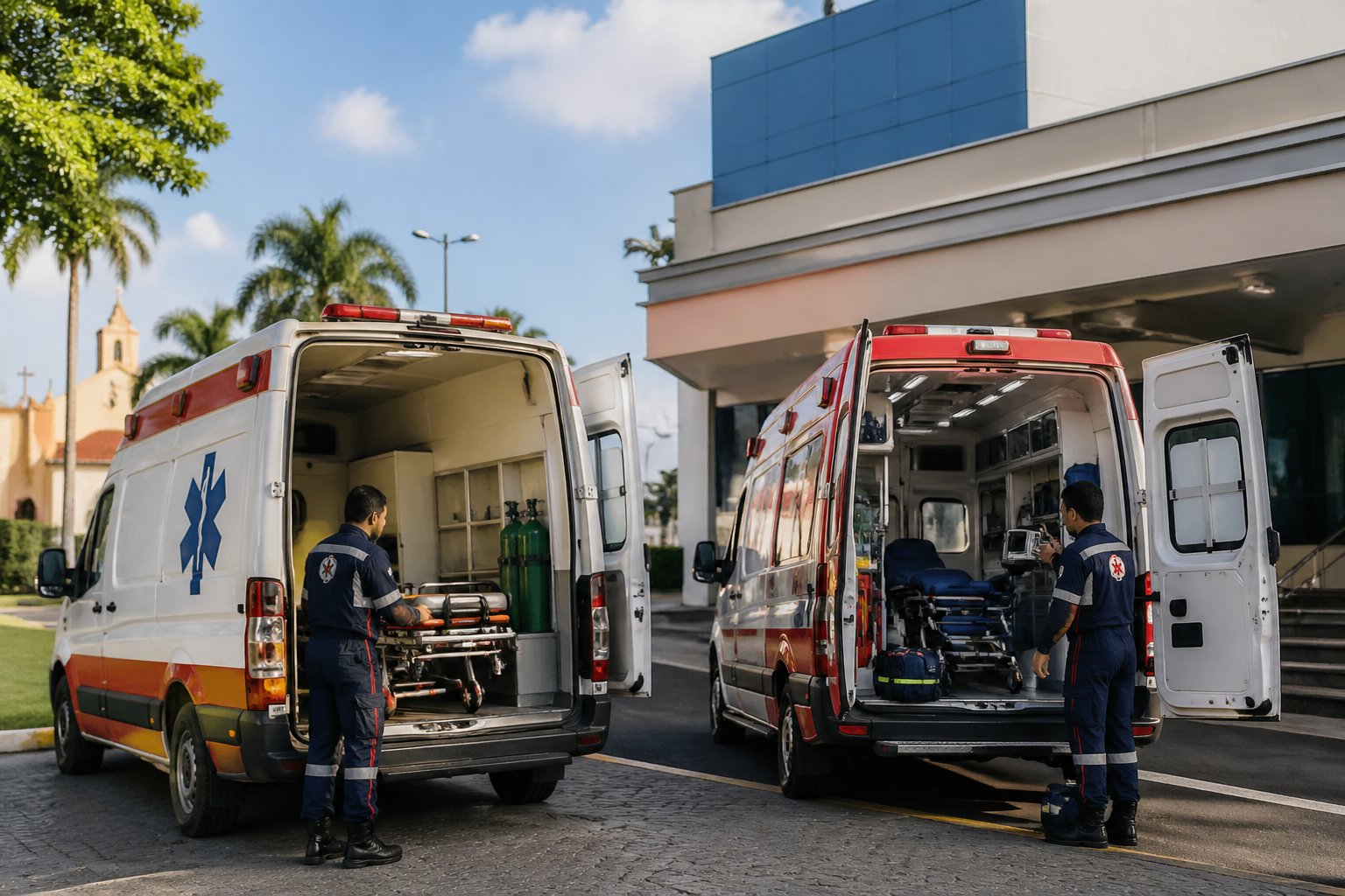 Duas ambulâncias estacionadas lado a lado em frente a um hospital, com paramédicos preparando equipamentos, representando serviços de suporte básico e avançado em Itambé.