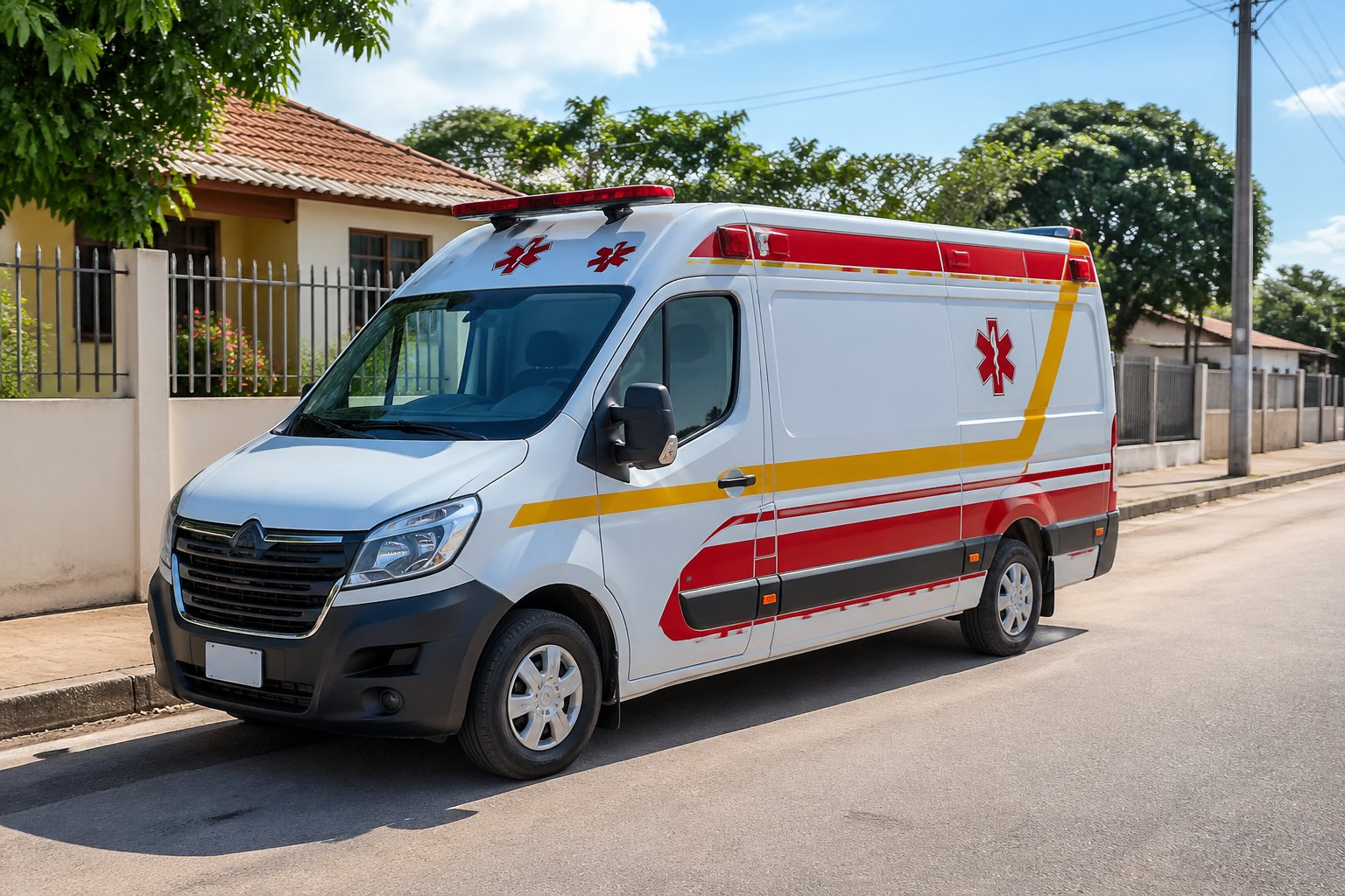Ambulância em Tuneiras do Oeste: Serviços de Emergência Médica e Atendimento Rápido na Região Ambulância moderna estacionada em uma rua de Tuneiras do Oeste com casas e vegetação ao fundo.
