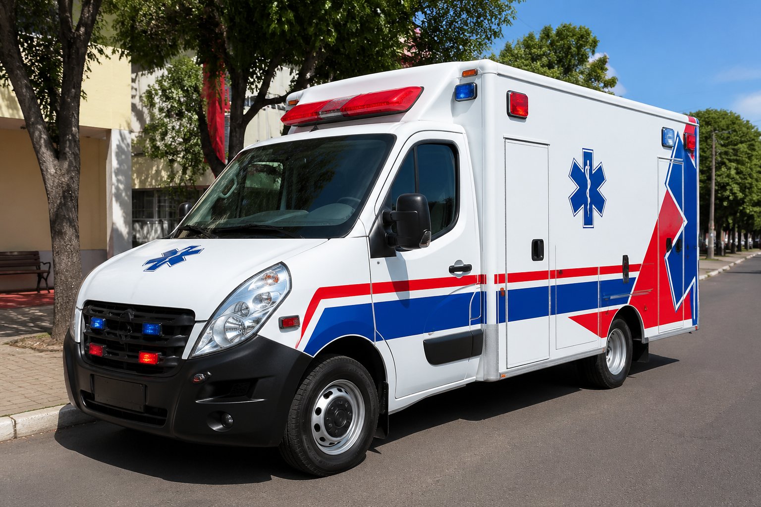Ambulância em Tuneiras do Oeste: Serviços de Emergência Médica e Atendimento Rápido na Região Ambulância branca com marcações vermelhas e azuis estacionada em uma rua urbana com árvores ao fundo em Tuneiras do Oeste.