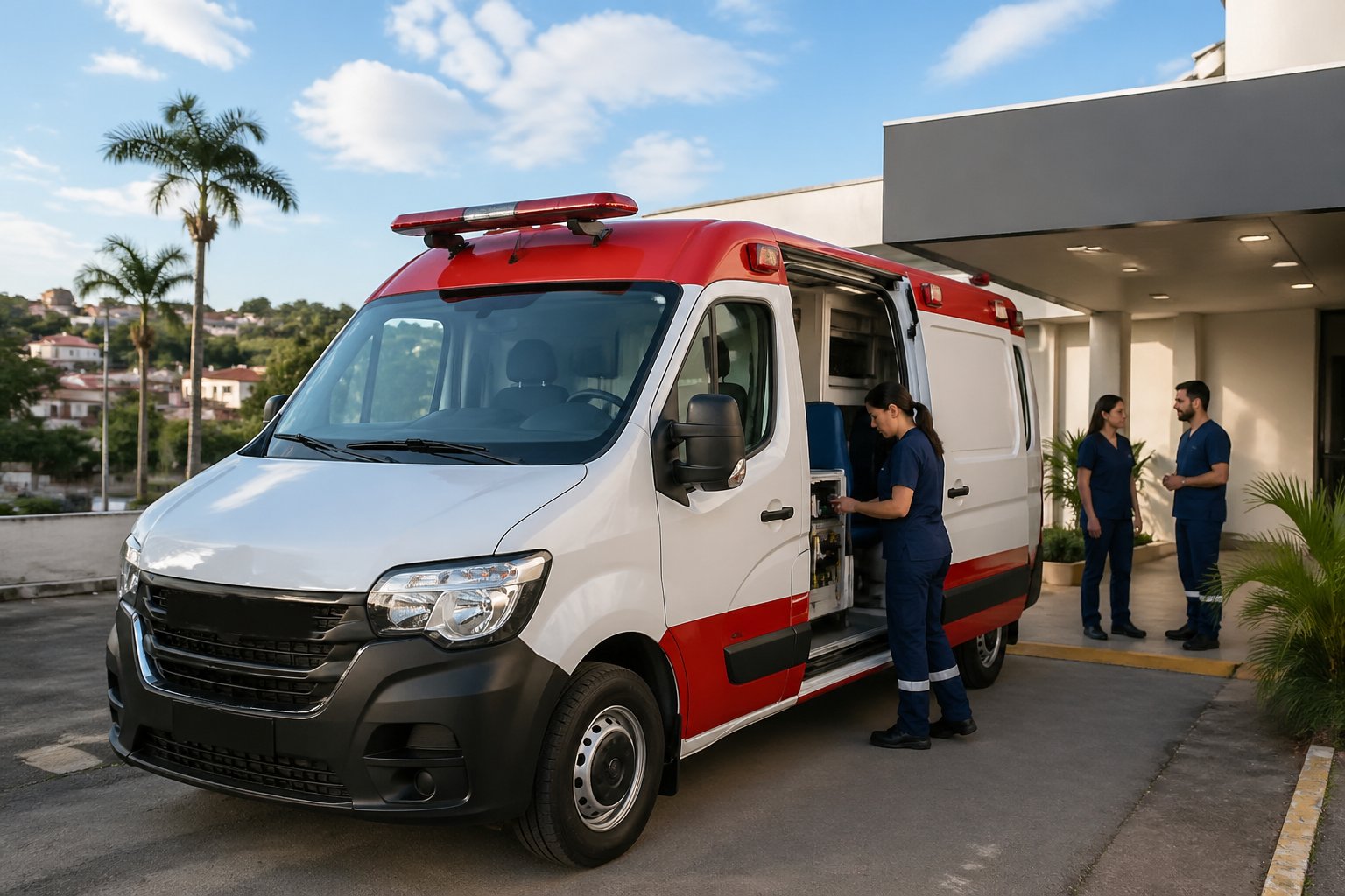 Ambulância moderna estacionada em frente a um prédio municipal em Terra Boa, com profissionais de saúde ao redor.