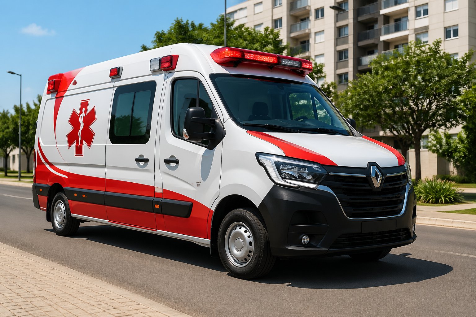 Ambulância moderna estacionada em uma rua da cidade de Terra Boa, com prédios residenciais e árvores ao fundo.