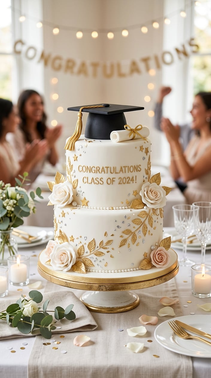 18 Graduation Cake Ideas That Skip the School Mascot and Still Feel Celebratory 2 A decorated graduation cake with a fondant graduation cap and diploma, surrounded by festive decorations on a table.