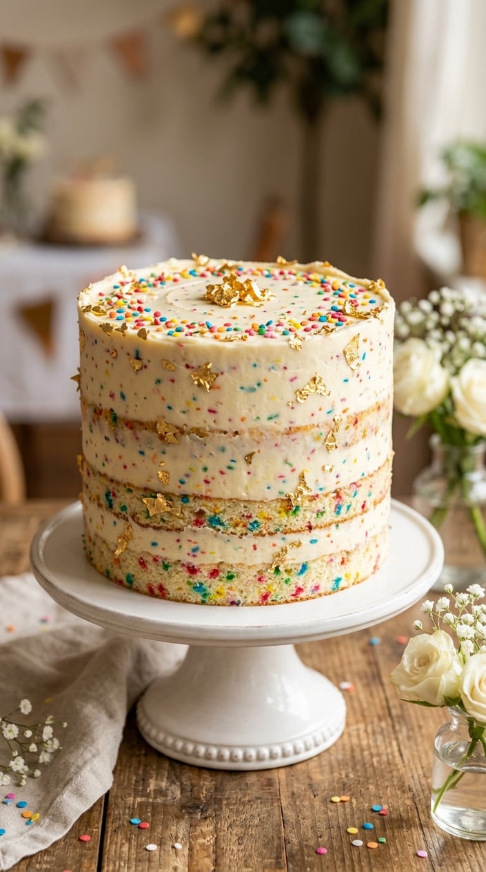 18 Graduation Cake Ideas That Skip the School Mascot and Still Feel Celebratory 3 A multi-layered confetti buttercream cake decorated with edible gold flakes on a white cake stand.