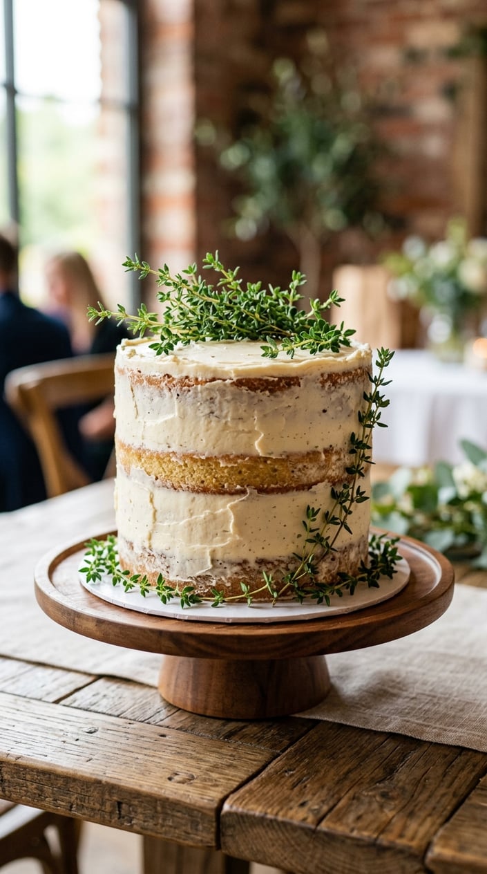 18 Graduation Cake Ideas That Skip the School Mascot and Still Feel Celebratory 4 A single-tier semi-naked cake decorated with fresh thyme on a wooden cake stand.