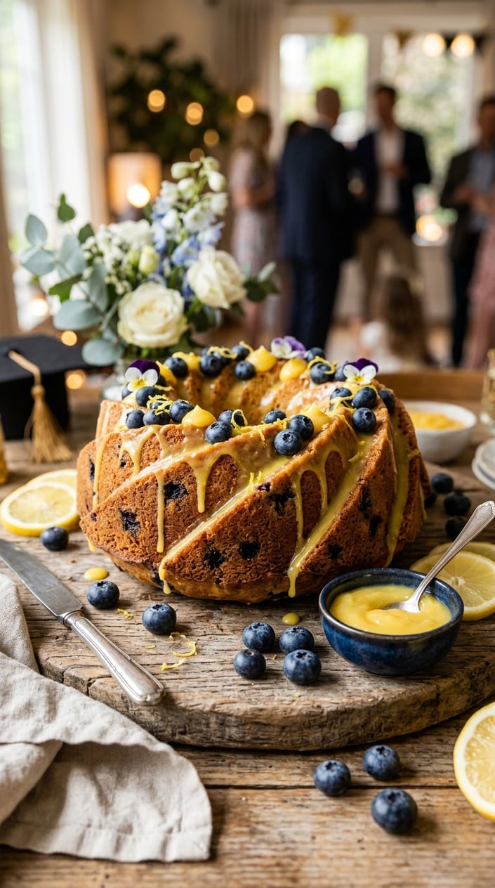 18 Graduation Cake Ideas That Skip the School Mascot and Still Feel Celebratory 5 A rustic bundt cake topped with lemon glaze and fresh blueberries on a wooden board, surrounded by lemon slices and a bowl of lemon curd.