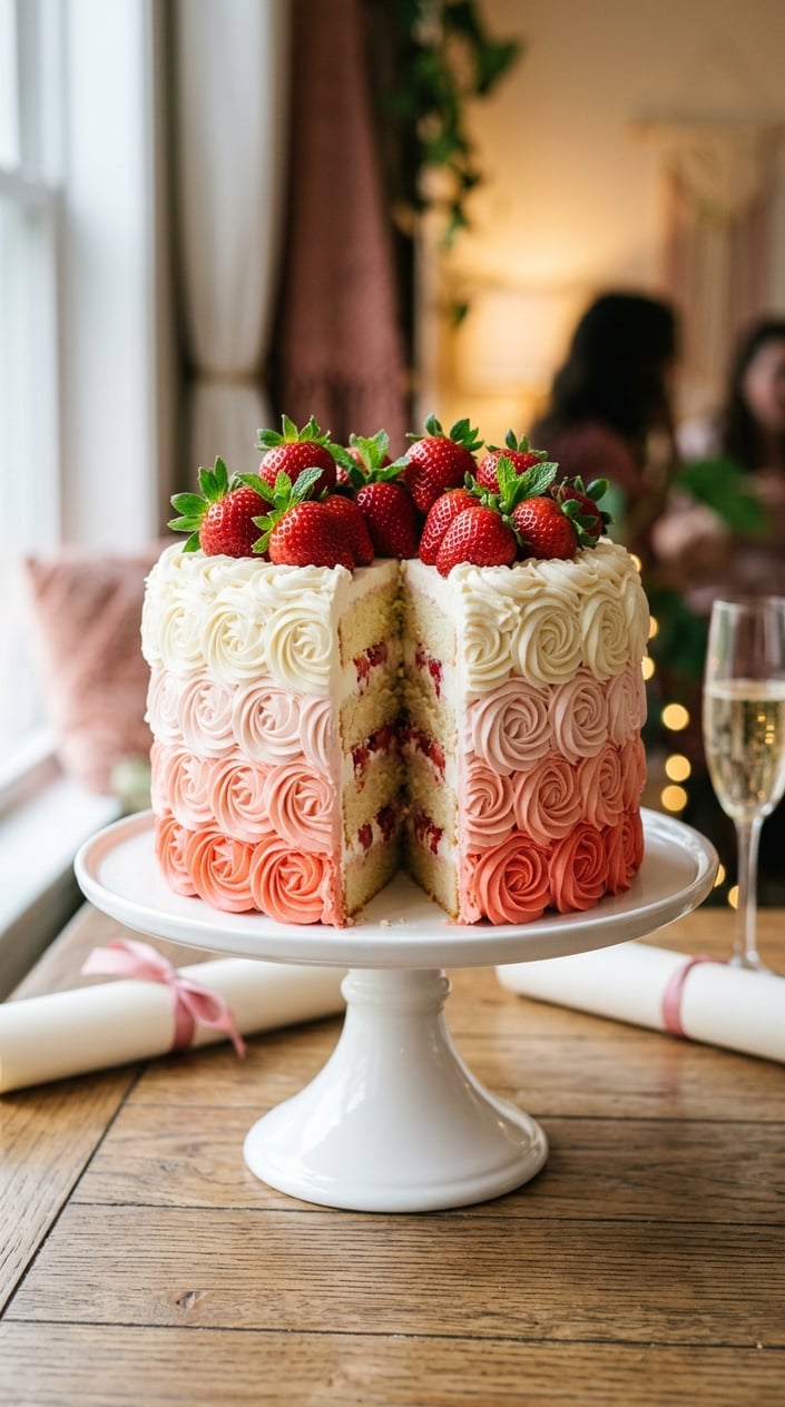 18 Graduation Cake Ideas That Skip the School Mascot and Still Feel Celebratory 6 A pink and white ombre rosette strawberry shortcake decorated with fresh strawberries on a white cake stand.