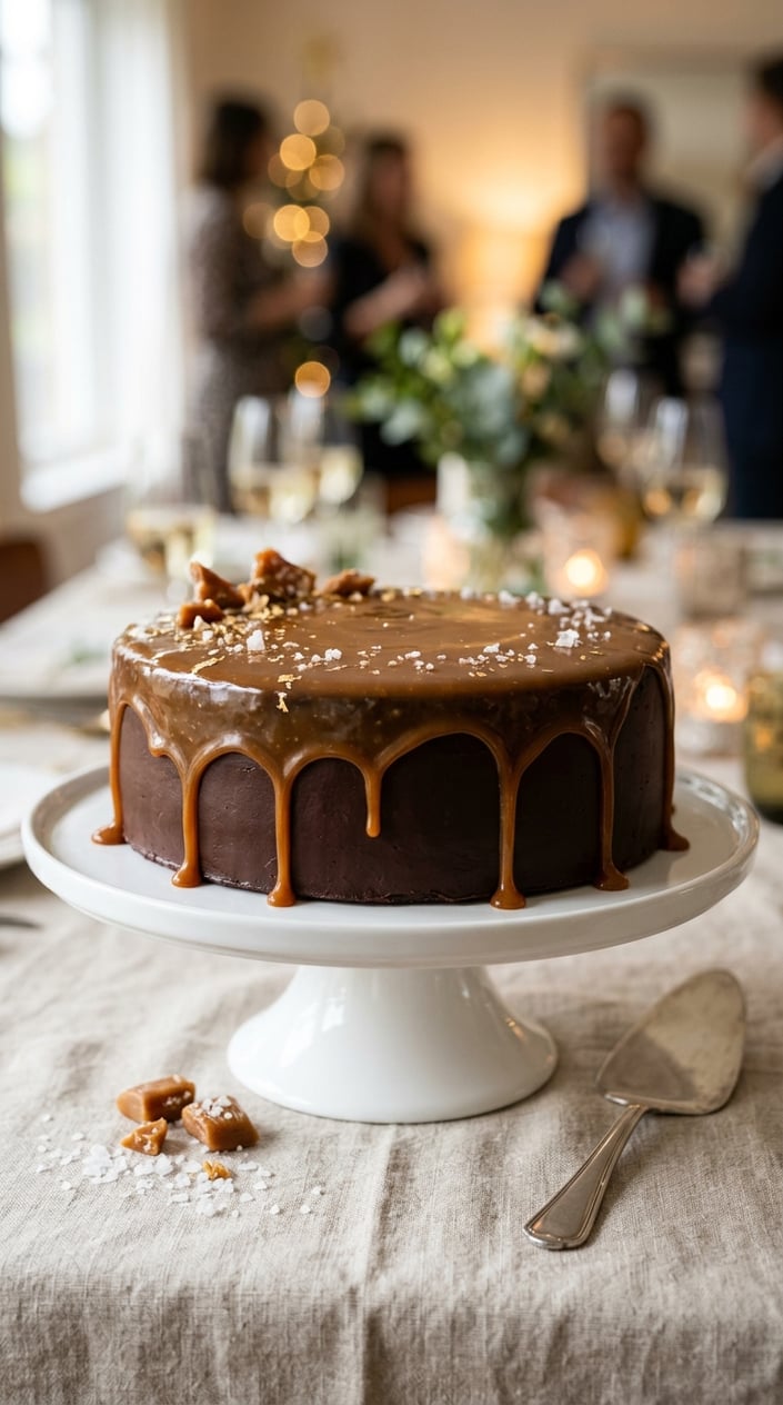 18 Graduation Cake Ideas That Skip the School Mascot and Still Feel Celebratory 7 A chocolate ganache torte with sea salt caramel dripping down the sides, displayed on a white cake stand with sea salt flakes sprinkled around.