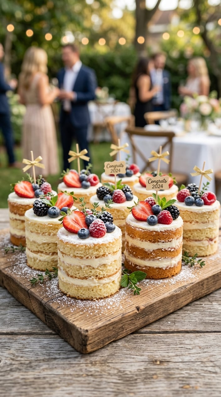 18 Graduation Cake Ideas That Skip the School Mascot and Still Feel Celebratory 9 A set of mini naked cakes topped with mixed fresh berries arranged on a wooden board.