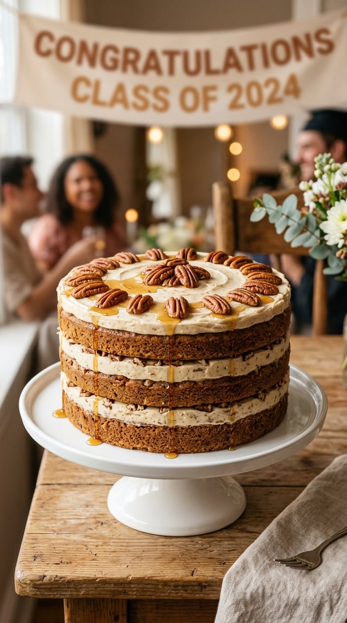 18 Graduation Cake Ideas That Skip the School Mascot and Still Feel Celebratory 10 A layered maple pecan cake with brown butter frosting topped with toasted pecans on a white cake stand.