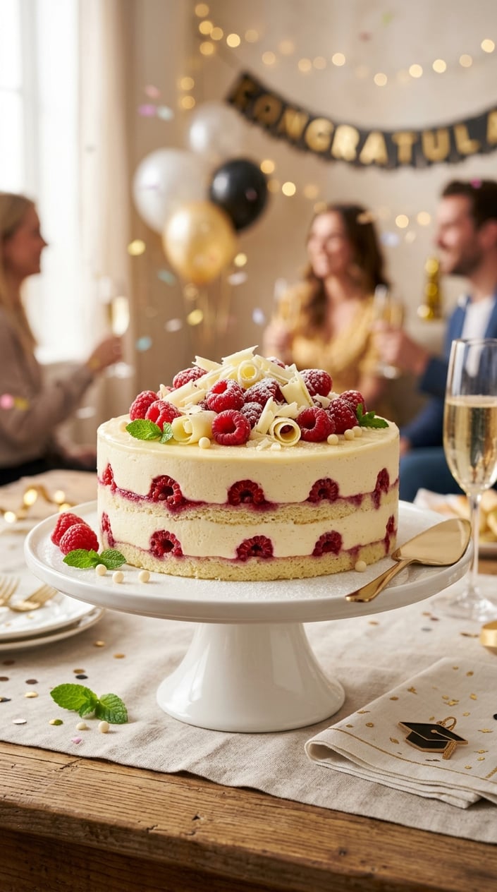 18 Graduation Cake Ideas That Skip the School Mascot and Still Feel Celebratory 11 A white chocolate raspberry mousse cake decorated with fresh raspberries and white chocolate shavings on a white cake stand.