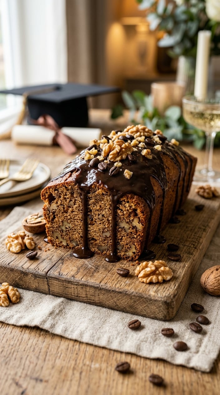 18 Graduation Cake Ideas That Skip the School Mascot and Still Feel Celebratory 12 A coffee and walnut loaf with espresso glaze on a wooden board, surrounded by walnuts and coffee beans.
