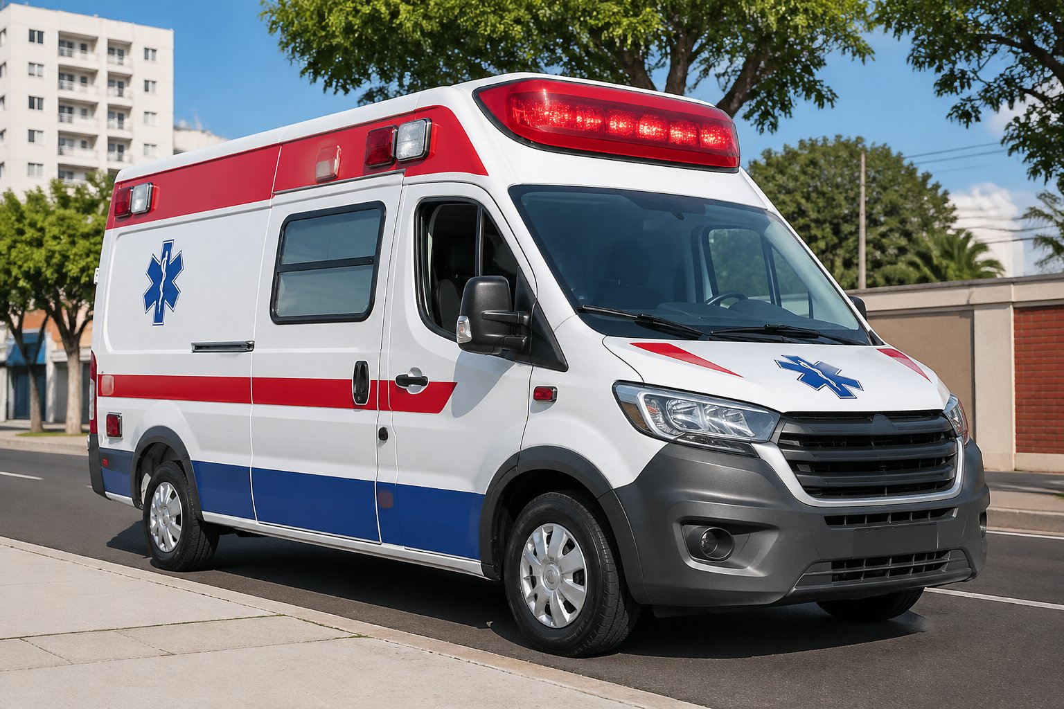 Ambulância branca com marcações vermelhas e azuis estacionada em uma rua urbana em Engenheiro Beltrão durante o dia.