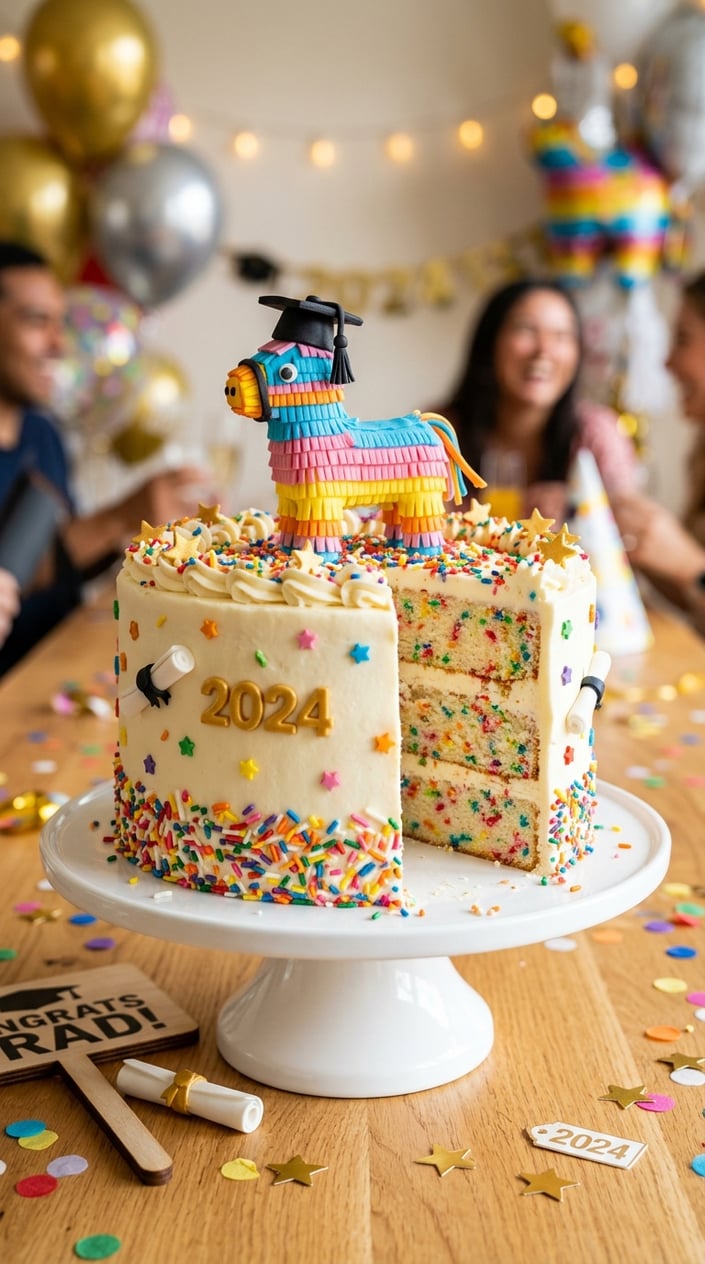 18 Graduation Cake Ideas That Skip the School Mascot and Still Feel Celebratory 13 A colorful funfetti cake with a piñata decoration on top, surrounded by graduation-themed decorations on a wooden table.