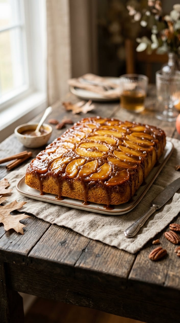 18 Graduation Cake Ideas That Skip the School Mascot and Still Feel Celebratory 16 A caramel apple upside-down sheet cake with caramelized apple slices on top placed on a wooden table with autumn leaves and cinnamon sticks around it.