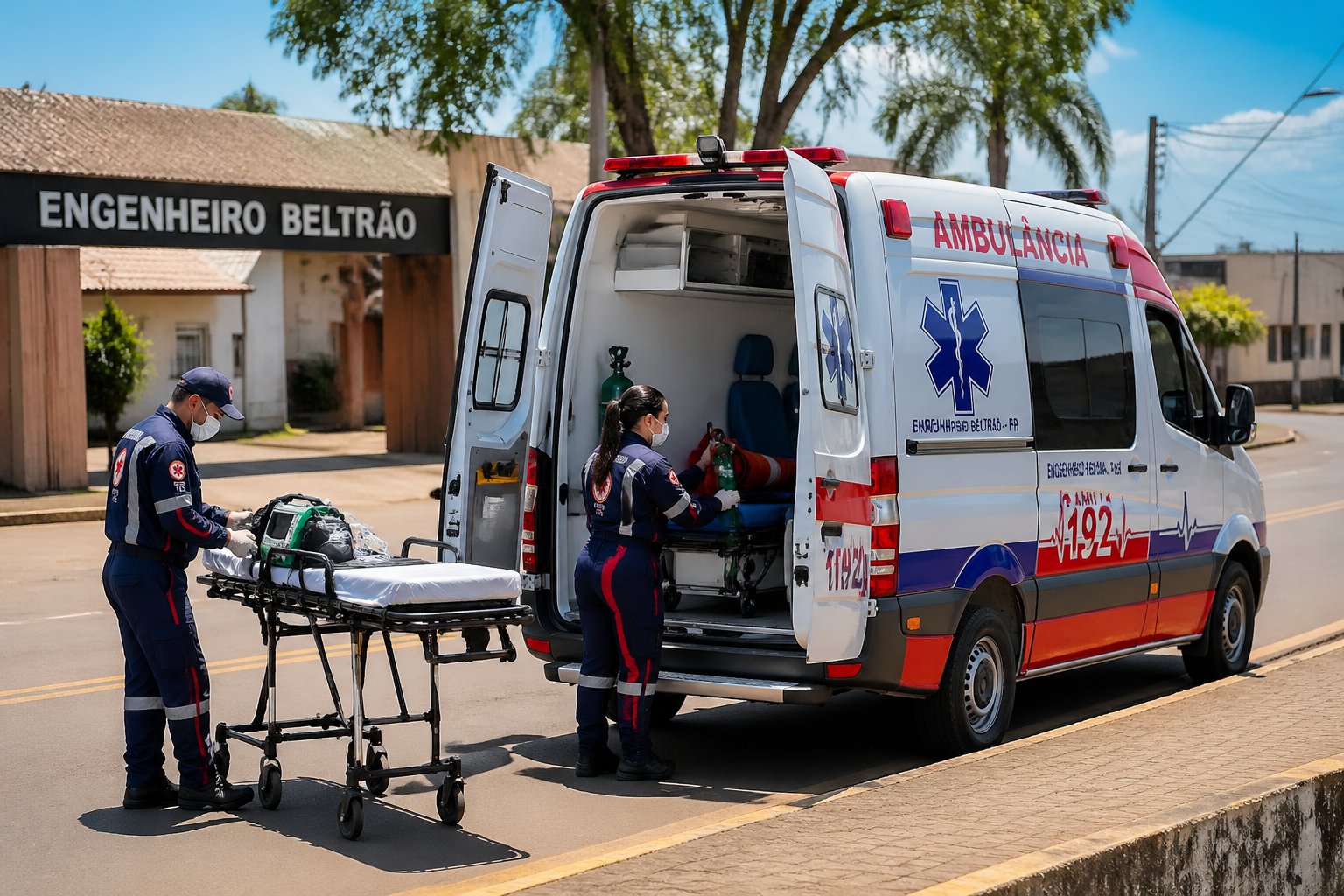 Ambulância branca com paramédicos ao lado, estacionada em uma rua de Engenheiro Beltrão durante o dia.