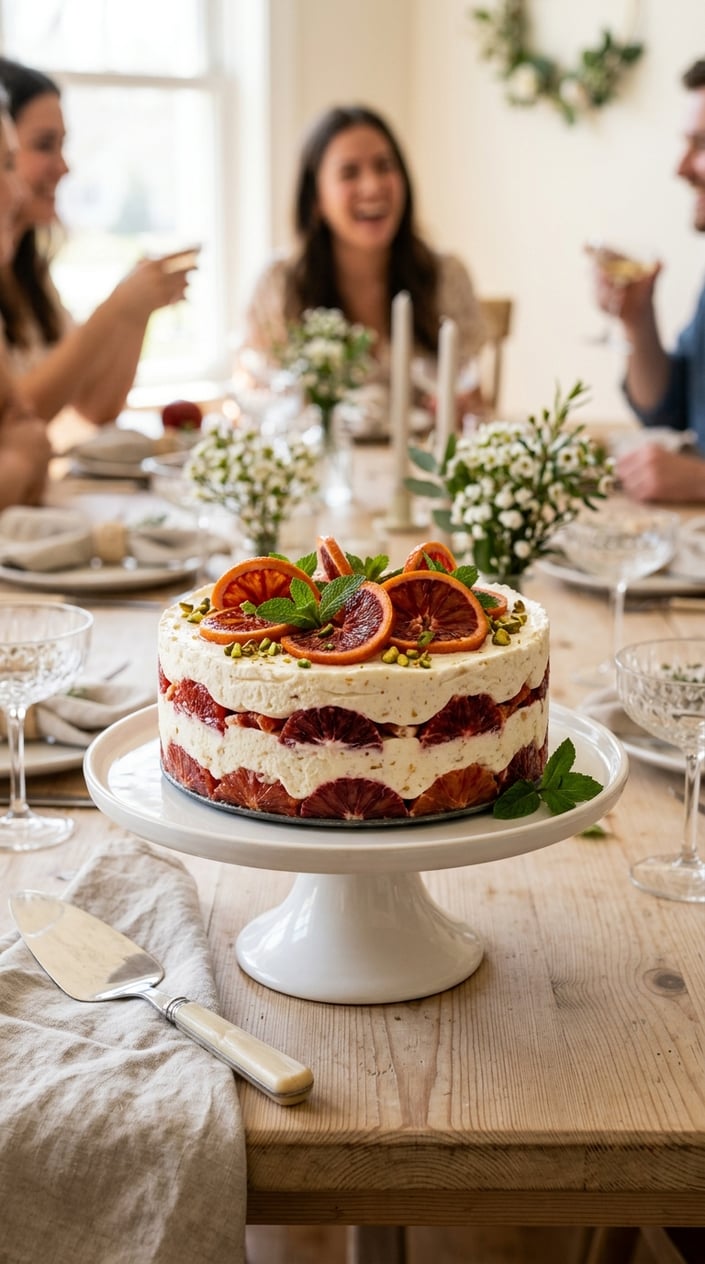 18 Graduation Cake Ideas That Skip the School Mascot and Still Feel Celebratory 17 A layered semifreddo cake with blood orange slices and mint leaves on a white cake stand on a wooden table.