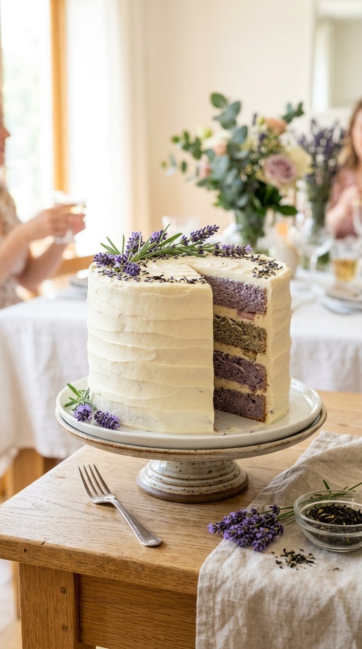 18 Graduation Cake Ideas That Skip the School Mascot and Still Feel Celebratory 18 A layered lavender and cream cake topped with smooth white frosting and decorated with lavender sprigs on a bright table.