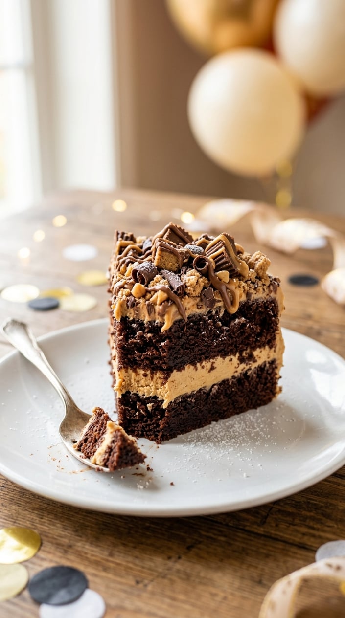 18 Graduation Cake Ideas That Skip the School Mascot and Still Feel Celebratory 19 A slice of peanut butter cup crumble cake on a white plate with crushed peanut butter cups on top, set against a softly blurred festive background.