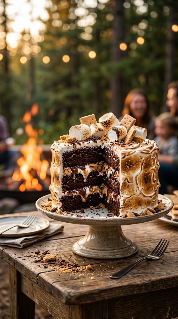 18 Graduation Cake Ideas That Skip the School Mascot and Still Feel Celebratory 20 A layered chocolate cake with toasted marshmallow icing and graham cracker pieces on a wooden table with a blurred campfire in the background.