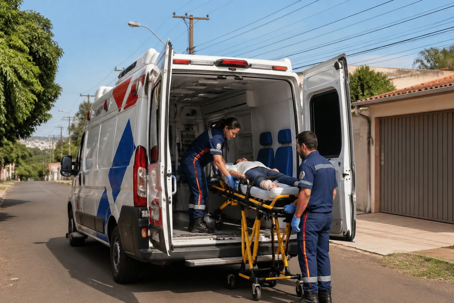Ambulância estacionada em uma rua de Peabiru com paramédicos atendendo um paciente em uma maca.