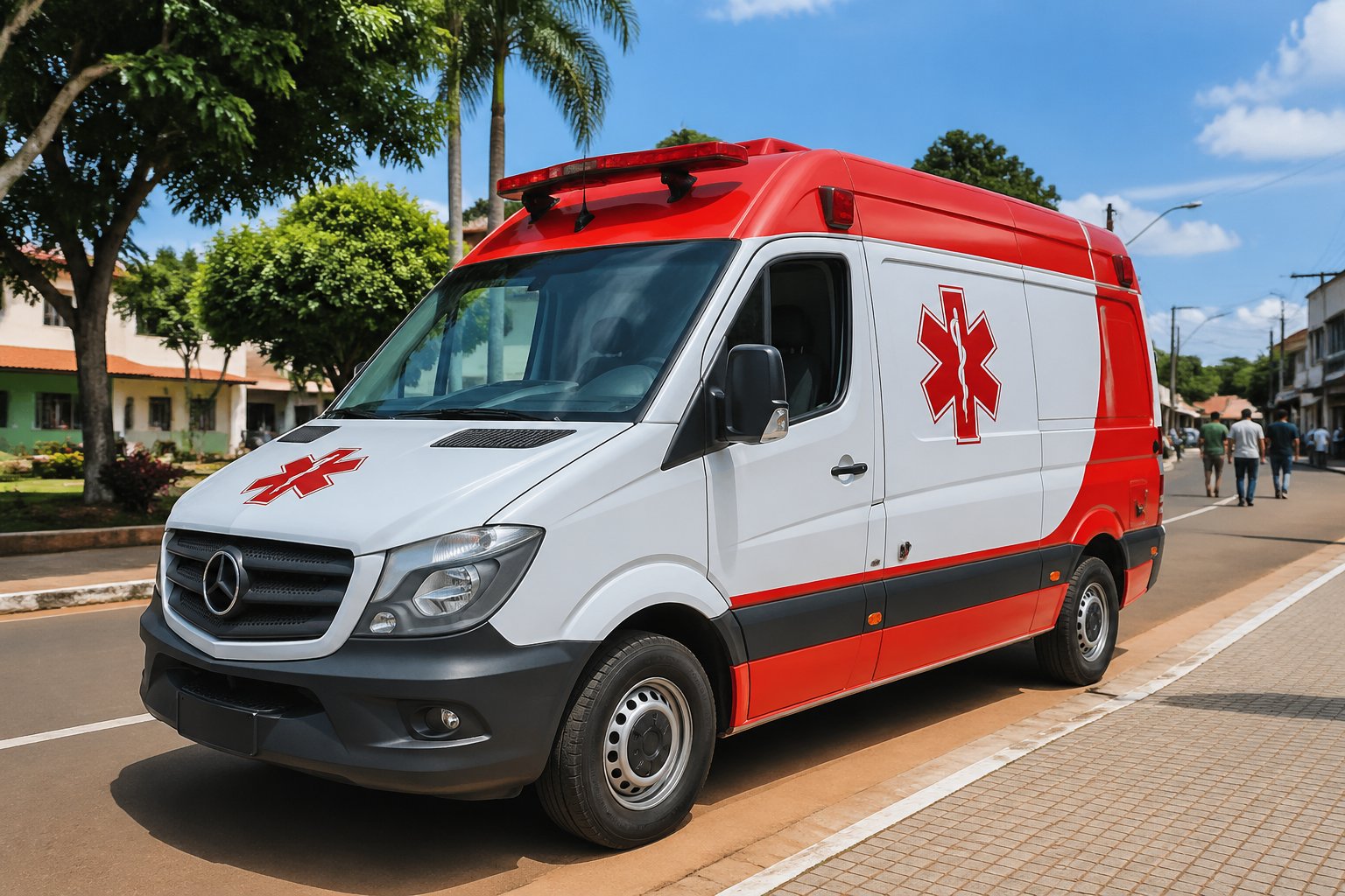 Ambulância moderna estacionada em uma rua de Peabiru com prédios e árvores ao fundo durante o dia.
